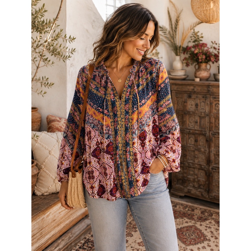 Boho Peasant Blouse Women's XXL Pink Patchwork Floral Lightweight Top